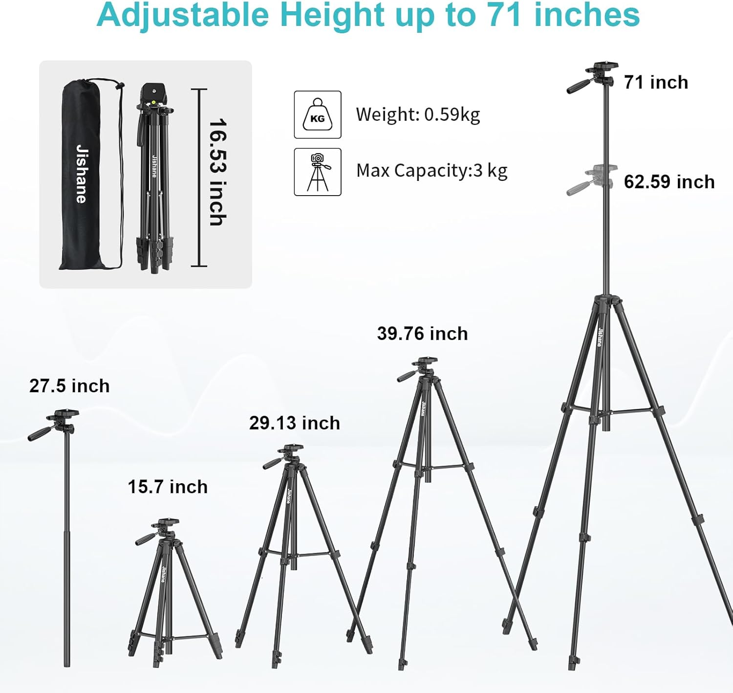 71" Camera Tripod, Versatile Cell Phone Tripod with Wireless Remote 71, Black - Image 4
