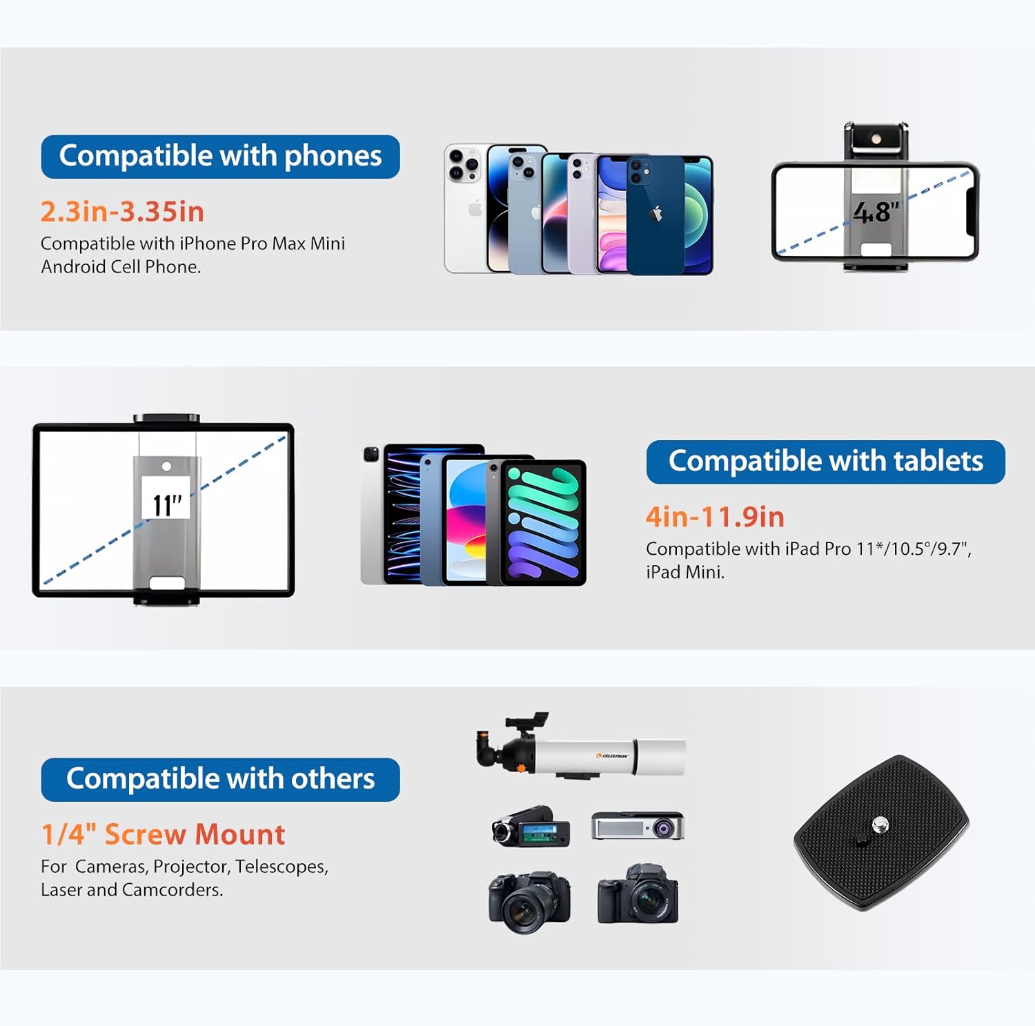 75" Camera Tripod, Aluminum Heavy Duty Stand for ipad Black-75 inch - Image 5