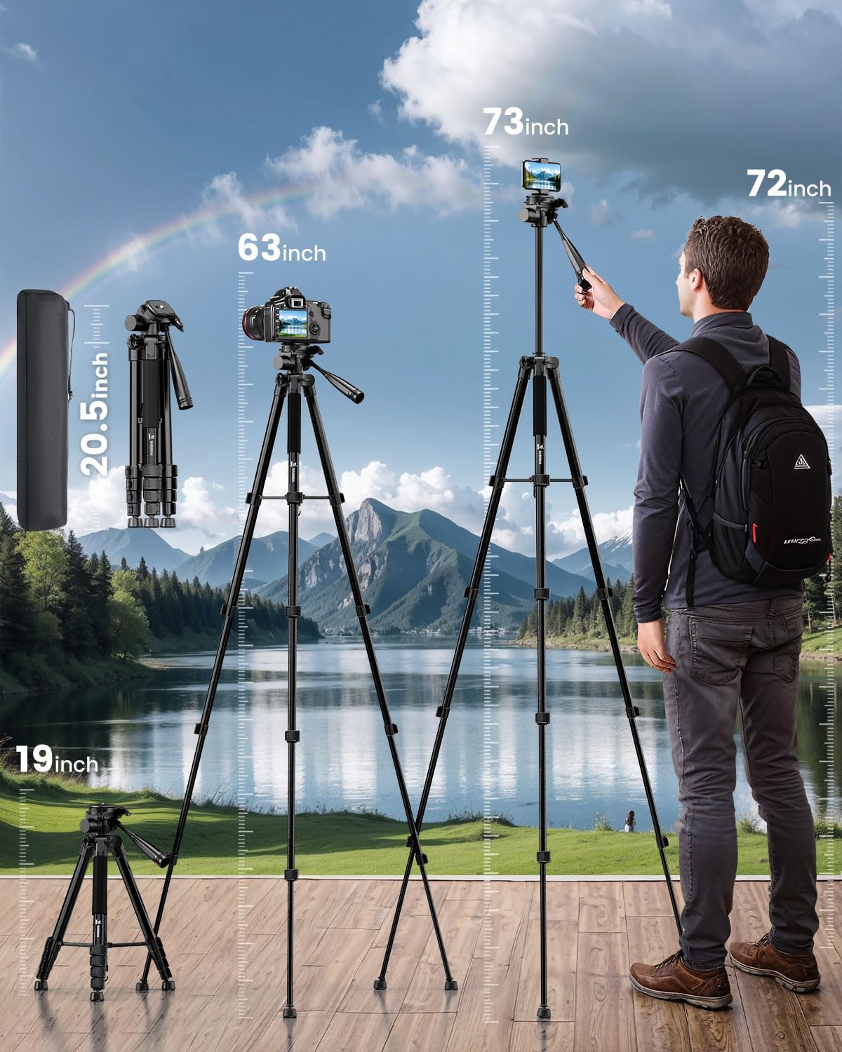 73" Camera Tripod Stand, Aluminum with Phone Holder, Travel Bag, Black - Image 3