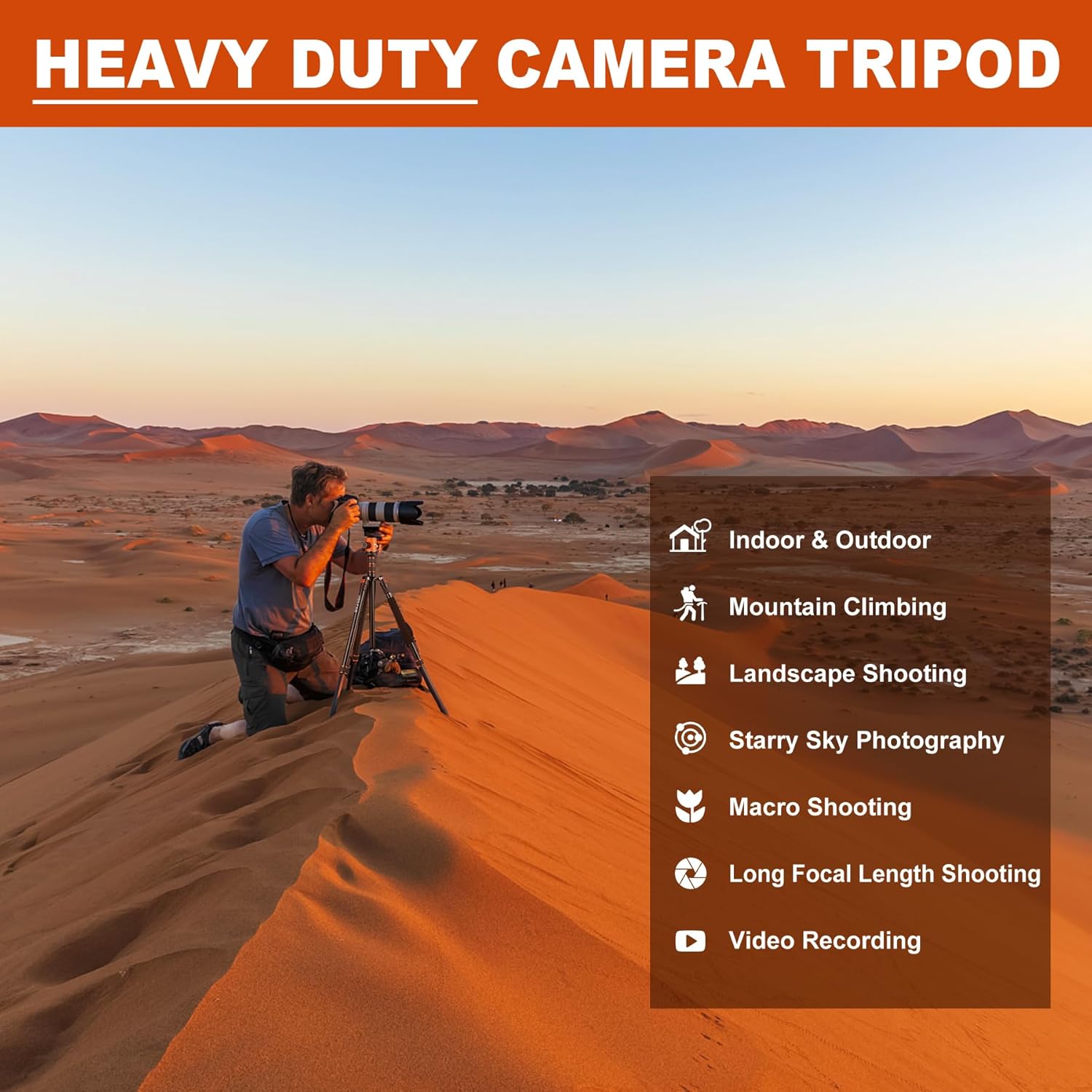 80/85 inches Heavy Duty Tripod for Camera and Phone, 85" 85 Inch, Orange - Image 3