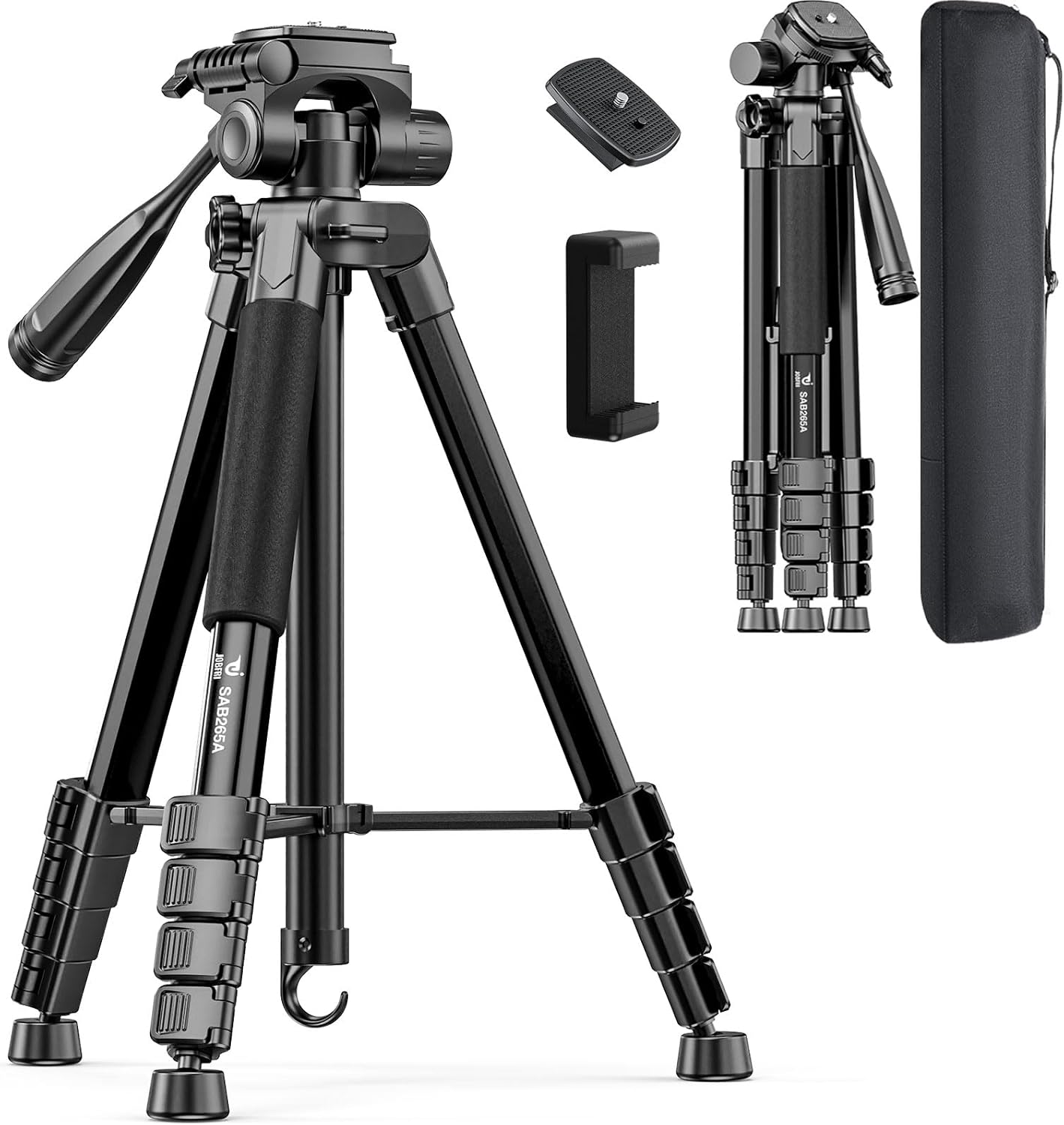 73" Camera Tripod Stand, Aluminum with Phone Holder, Travel Bag, Black