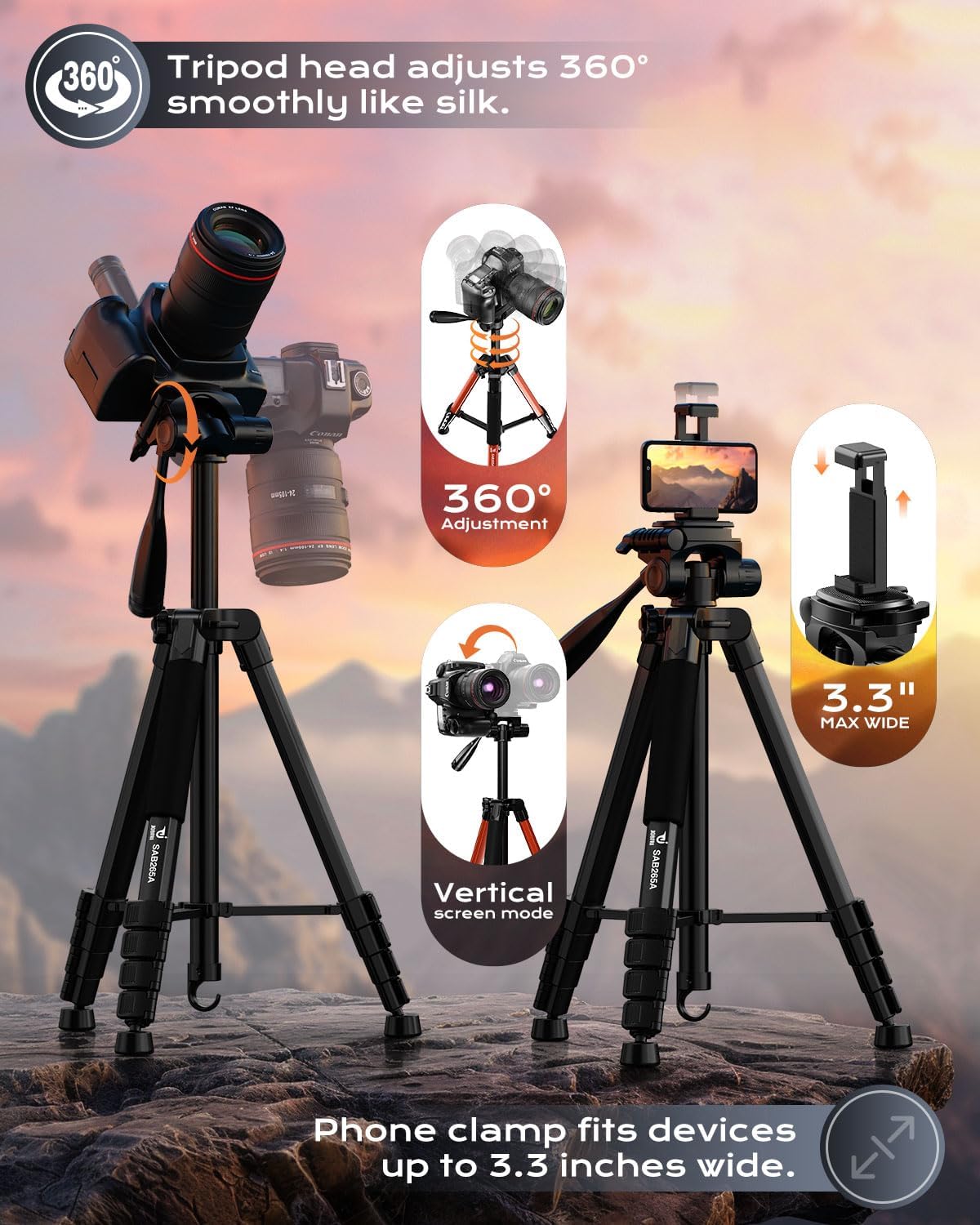 73" Camera Tripod Stand, Aluminum with Phone Holder, Travel Bag, Black - Image 5