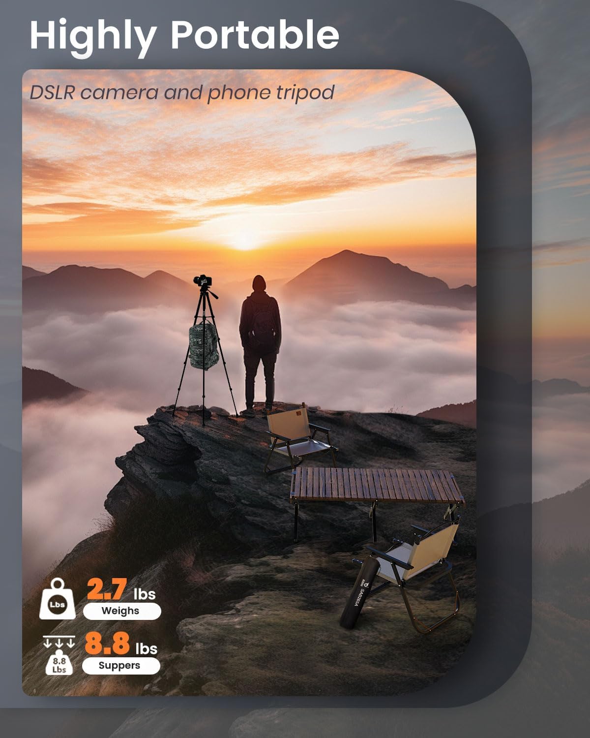 73" Camera Tripod Stand, Aluminum with Phone Holder, Travel Bag, Black - Image 4