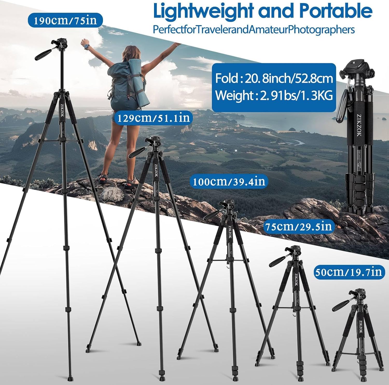 75" Camera Tripod, Aluminum Heavy Duty Stand for ipad Black-75 inch - Image 3