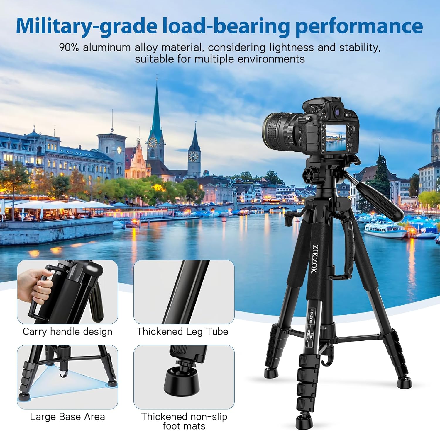 75" Camera Tripod, Aluminum Heavy Duty Stand for ipad Black-75 inch - Image 6